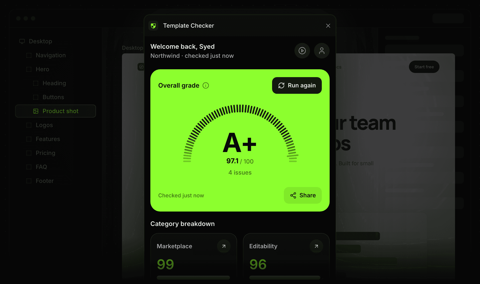 Template Checker plugin open in a Framer project, showing an A+ grade